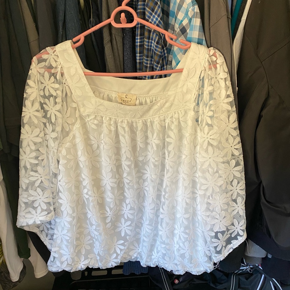 Adorable white blouse- flowing sleeves with flower detail all over